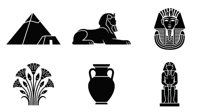 Ancient Egyptian silhouette icons set including pyramid, sphinx, and pharaoh.
