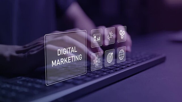 Digital marketing concept. Person typing keyboard with digital marketing and analytics icons, online advertising, social media marketing, customer engagement and business growth.
