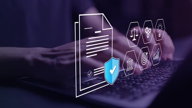 Compliance, standards, laws and policies concept. Person using laptop with legal and compliance icons, regulatory requirements, policy management, risk control and corporate governance.