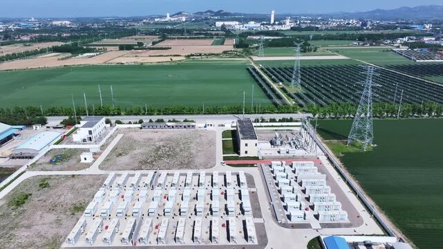 Aerial view of photovoltaic power station adjacent to agricultural fields and electrical infrastructure
