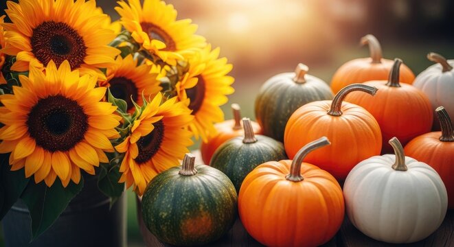 Vibrant sunflowers and assorted pumpkins in autumnal display
