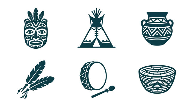 Native American Cultural Icons Vector Set