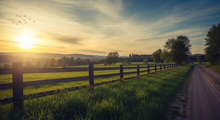 Obraz premium Serene countryside landscape with wooden fence at sunset