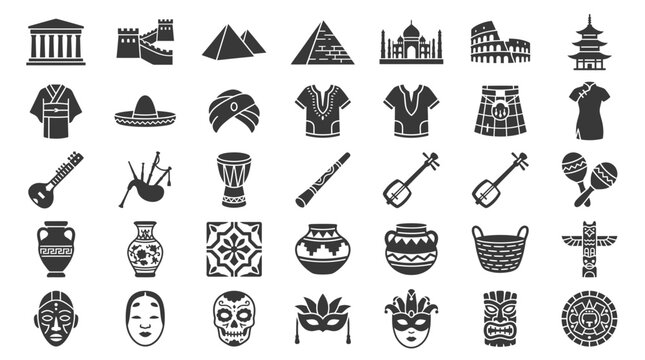 Collection of diverse cultural icons representing global heritage and travel.