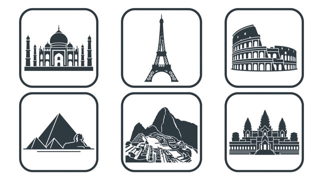 Set of iconic world landmarks in silhouette style.