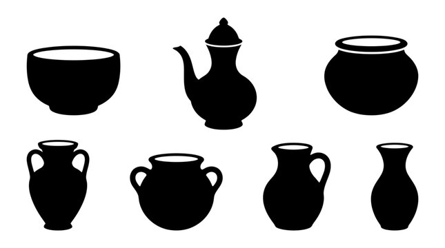 Collection of black silhouettes of ancient pottery vessels