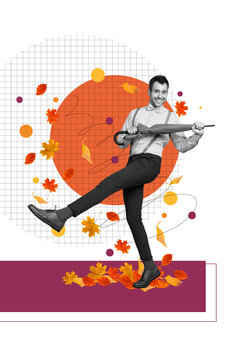 Composite trend artwork image photo collage of copybook page autumn letters young guy gentleman style dance hold umbrella fall leaves