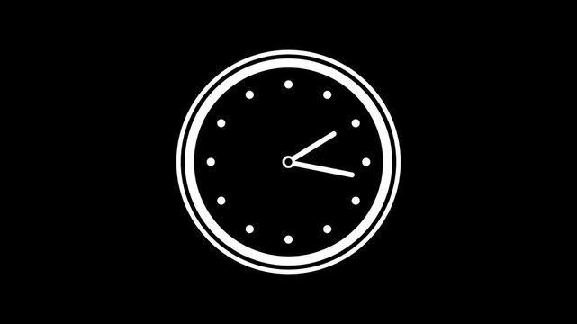 White wall clock animation with spinning hands, minimal time lapse icon on black background, loop