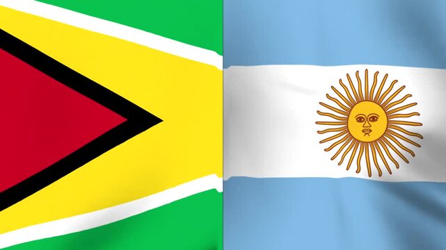 National flags of guyana and argentina waving side by side in the wind