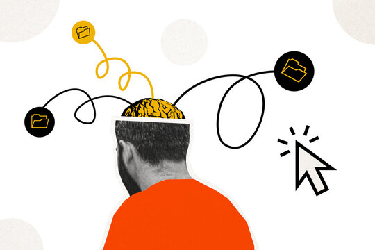 Composite photo collage of young man programmer sit back cut head brain memory folder concept mouse click tab isolated on painted background