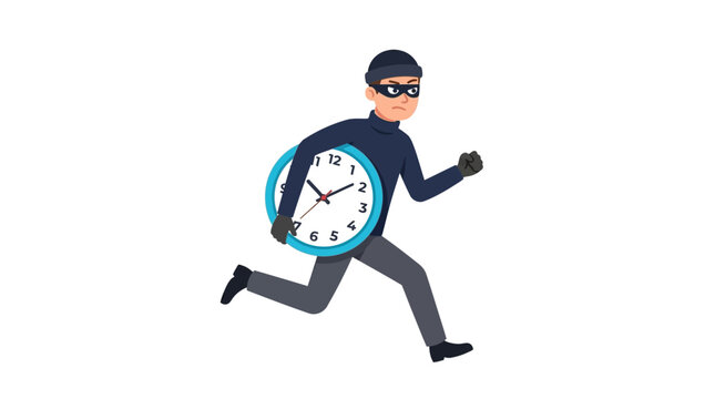 Criminal thief character running with stolen clock in this flat vector illustration for modern design projects