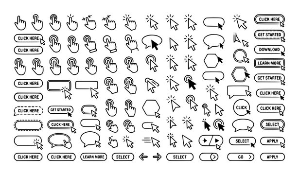 Editable Click Here Button Hand Mouse Cursor Black Vector UI Icon Collection