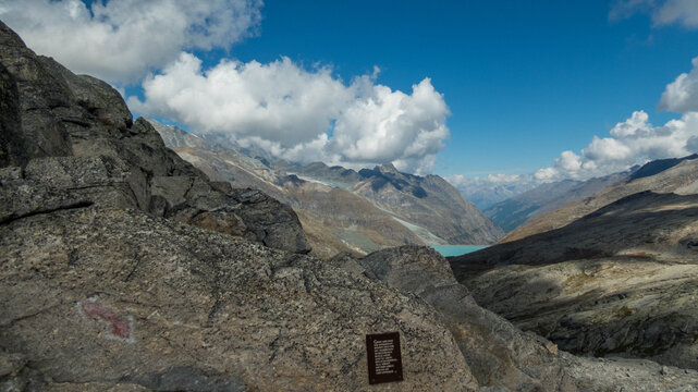 Panoramic View of Turquoise Mattmark Lake in Saastal Valley from Monte Moro Pass, Swiss Alps