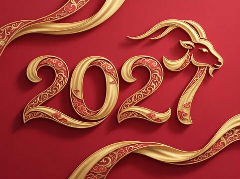 Intricate gold 2027 zodiac goat symbol with ornate scrollwork on a deep red background, representing Lunar New Year prosperity and festive holiday greeting card design elements.