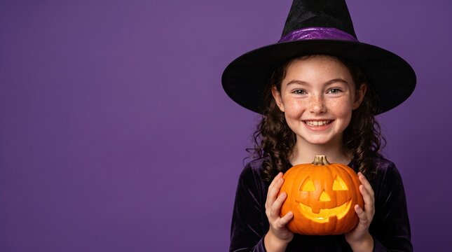 Joyful young girl wearing a witch hat and holding a glowing jack-o-lantern, capturing the magical Halloween spirit for festive seasonal marketing and holiday celebration events.