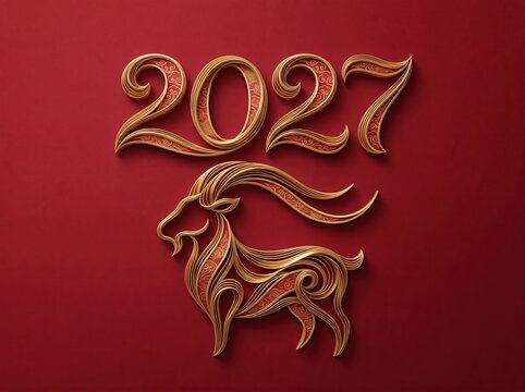 Paper cut style goat zodiac symbol for the year 2027, showcasing elegant gold ornament on red background for Chinese New Year greeting cards and festive holiday celebrations.