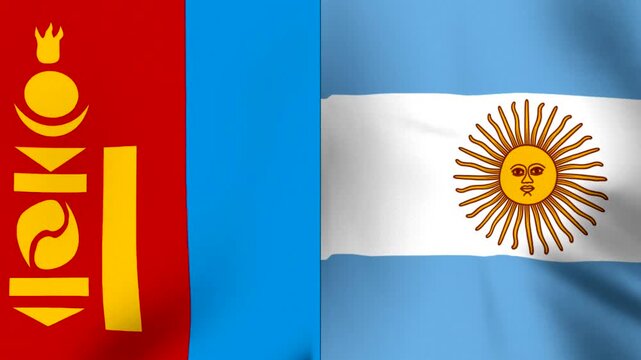 National flags of Mongolia and Argentina waving side by side together