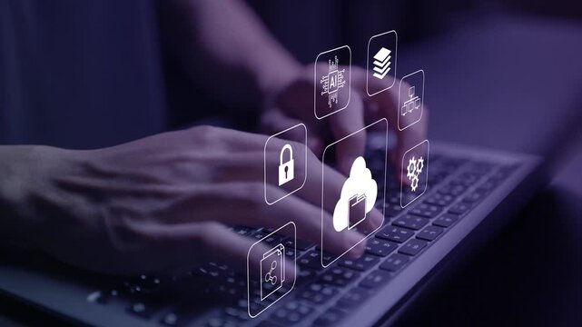 Cloud file storage management concept. Person using laptop with cloud storage and file management icons, digital document organization, secure backup and data access.