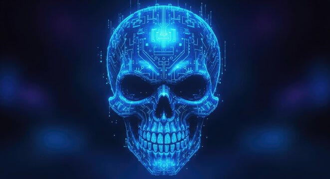 Glowing blue digital skull with binary code patterns in dark background