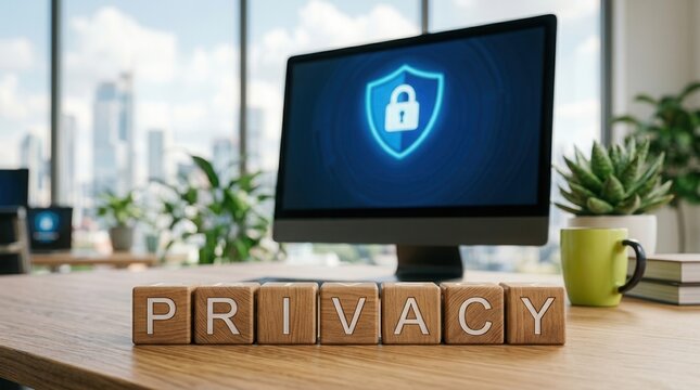 Data protection and privacy compliance icon displayed on a computer screen.