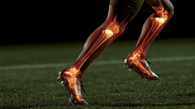 Runner's leg bones glow with energy during a stride on green turf