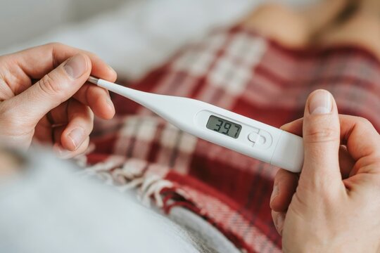 A close up view of hands holding a digital thermometer displaying high fever temperature. Concept of illness, healthcare, and monitoring body health at home.
