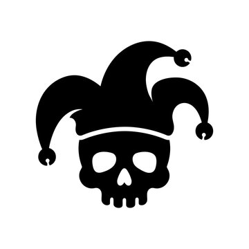 Jester skull icon wearing fool hat for circus and theater branding.