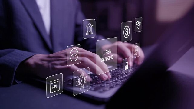 Digital open banking platform concept. Person using laptop with open banking, API and financial network icons, secure data sharing, online payment and fintech integration.