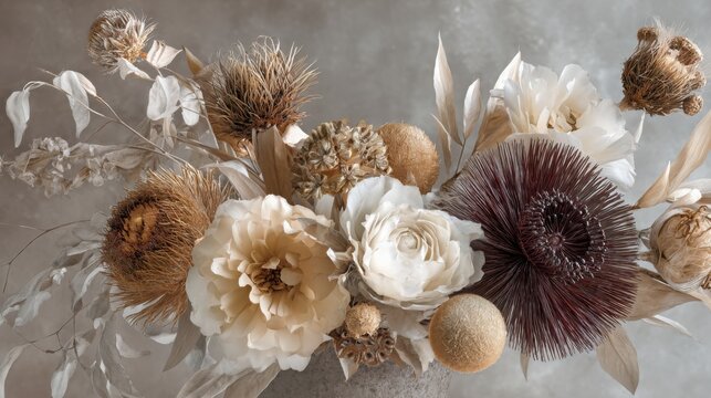 Contemporary luxury botanical frame, sculptural dried flowers and unusual seed pods arranged in a highly refined asymmetrical composition, matte warm