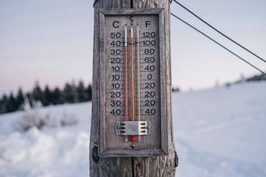 A vintage outdoor thermometer attached to a wooden post indicates freezing temperatures in a snowy winter landscape. Ideal for climate or weather reports.