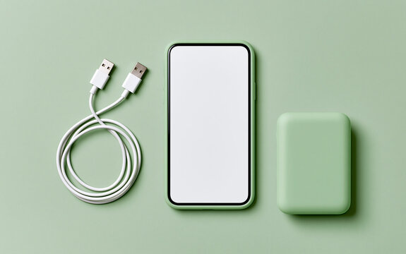 Modern green smartphone with blank screen connected to power bank via USB cable, flat lay