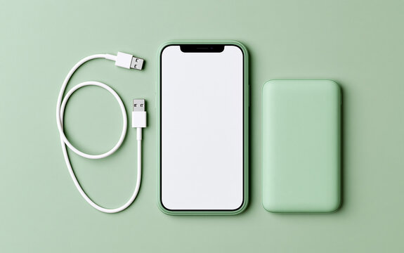 Modern green smartphone with blank screen connected to power bank via USB cable, flat lay