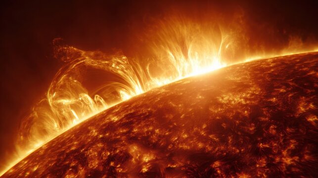 Extreme close up of the Sun s surface, enormous glowing solar flare erupting from a textured plasma surface, vivid orange, gold and red energy