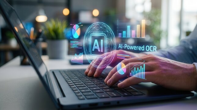 A person utilizing AI-powered OCR and digital automation for document scanning and analytics on a laptop.