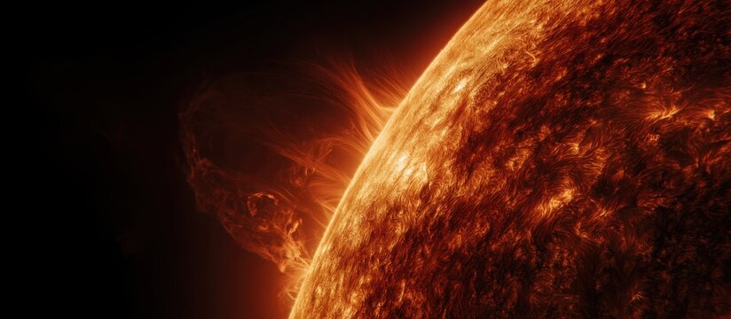 Extreme close up of the Sun s surface, enormous glowing solar flare erupting from a textured plasma surface, vivid orange, gold and red energy
