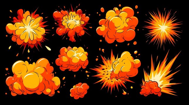 Comic explosive effect. Radial explosion icon. Cartoon explode cloudburst, bomb explosion, fire fume, speed smoke ring, blast, gas puffs in air, bang power. Vector set Stock Vector