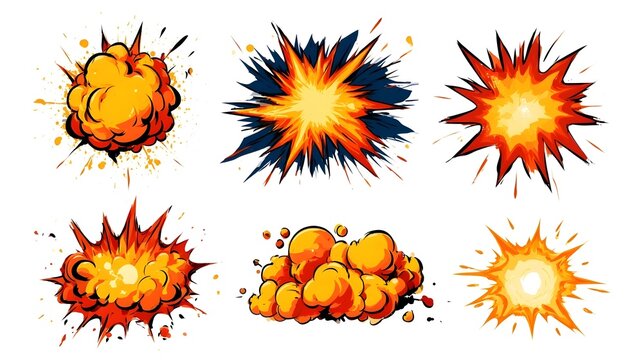 Comic explosive effect. Radial explosion icon. Cartoon explode cloudburst, bomb explosion, fire fume, speed smoke ring, blast, gas puffs in air, bang power. Vector set Stock Vector