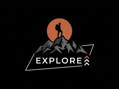Explore mountain hiking logo, silhouette of hiker on peak with orange sun, outdoor adventure emblem for travel and camping