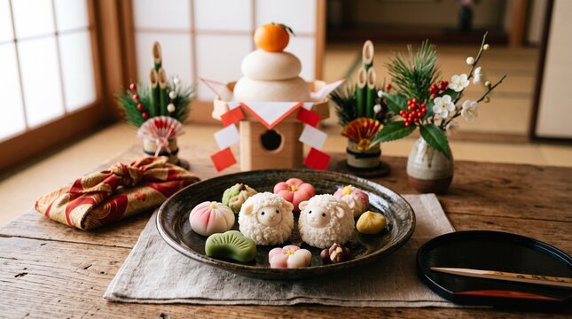 羊の上生菓子と鏡餅で彩る新春の和菓子飾り