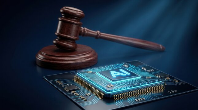 Legal systems and artificial intelligence AI concept featuring a judicial gavel and digital processor chip.