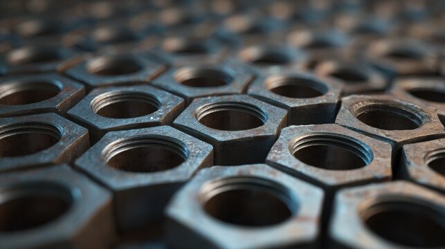 Extreme macro texture of hundreds of identical hexagonal steel nuts densely covering the entire frame, repeating geometric openings, metallic edges