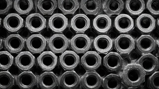 Extreme macro texture of hundreds of identical hexagonal steel nuts densely covering the entire frame, repeating geometric openings, metallic edges