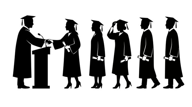 Graduation students standing in line receiving diplomas from professor during formal ceremony on white background