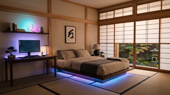 Modern Japanese bedroom interior with gaming desk and neon lighting