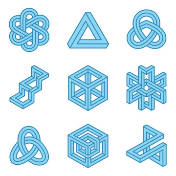 Blue isometric impossible shapes and optical illusion set.