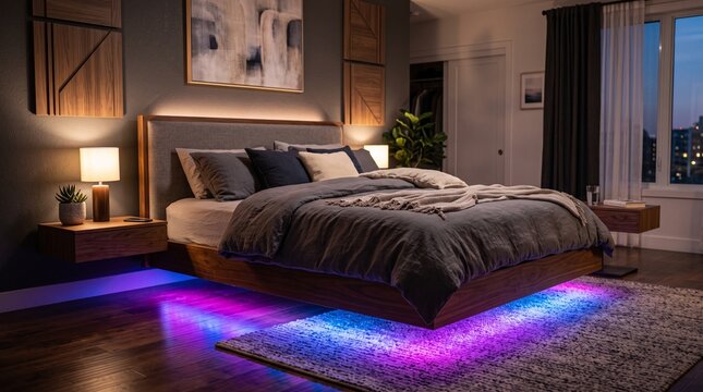 Modern bedroom interior with floating bed and colorful led lighting