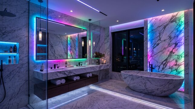 Modern luxury bathroom interior with marble walls and neon lighting