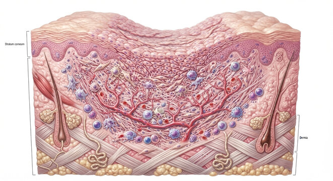 Human Skin Wound Healing Showing Tissue Regeneration, Angiogenesis and Collagen Repair