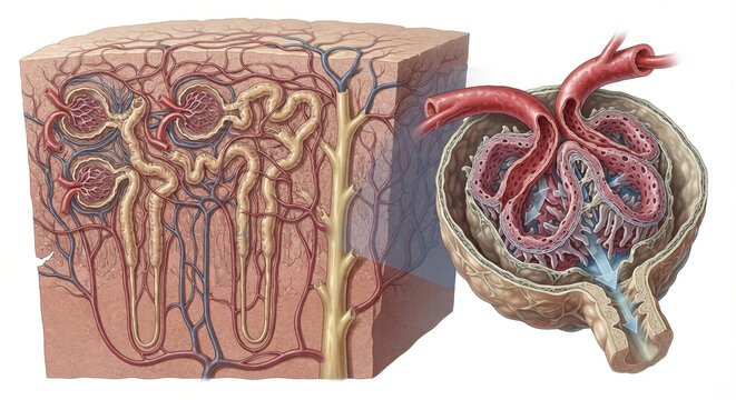 Kidney Nephron Filtration Showing Glomerulus, Renal Tubules and Blood Flow