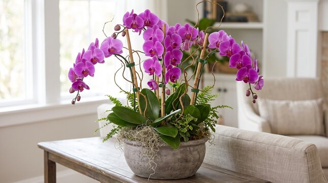 Purple orchid plant in a ceramic pot for home interior decoration